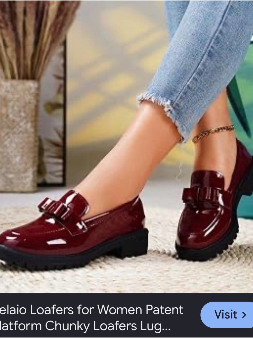 Patent Burgundy Women's Chunky Loafers with Bow Detail